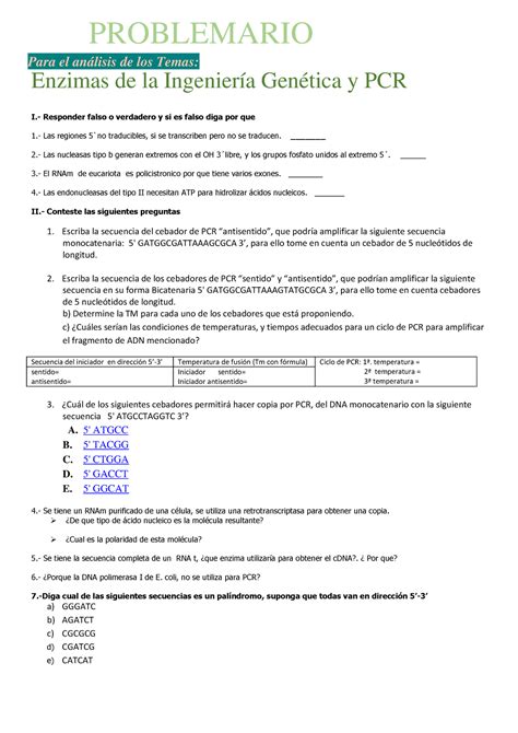 Cuestionario DE PCR todo sobre la PCR Enzimas de la Ingeniería