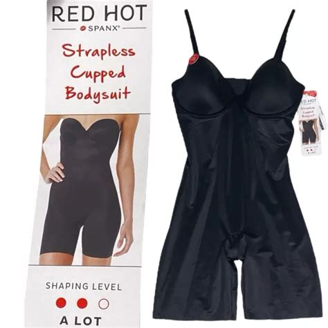 RED HOT SPANX Lg Black Strapless Cupped Midthigh Bodysuit Formal Sleek