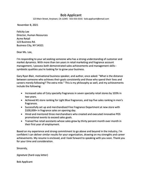 Retail Management Cover Letter And Resume Examples