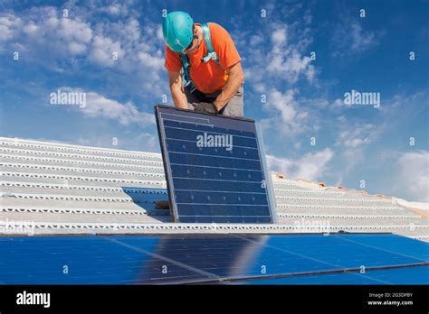 Technician Installing Solar Panels Stock Photo Alamy