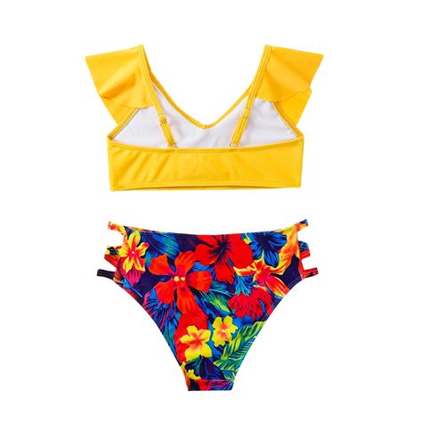 Hienoo Big Girls Bikini Swimsuit Tropical Ruffle V Neck Bathing Suit Swimwear Piece Walmart