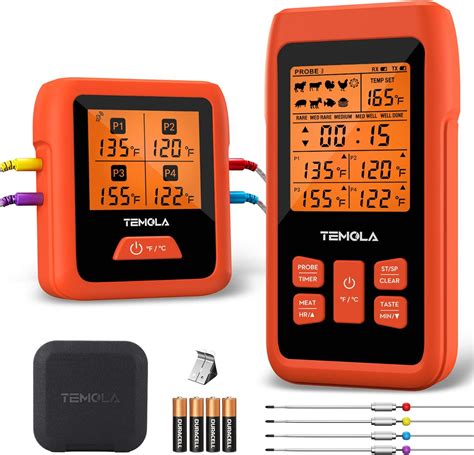 Wireless Meat Thermometer with 4 Probes and Alarm Timer - Digital for Smoker Oven Grill BBQ in ...