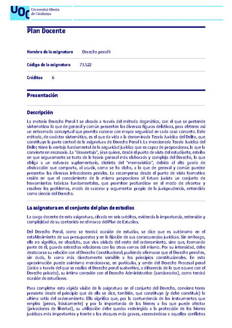 Plan Docente Derecho Penal Nombre De La Asignatura Derecho Penal I