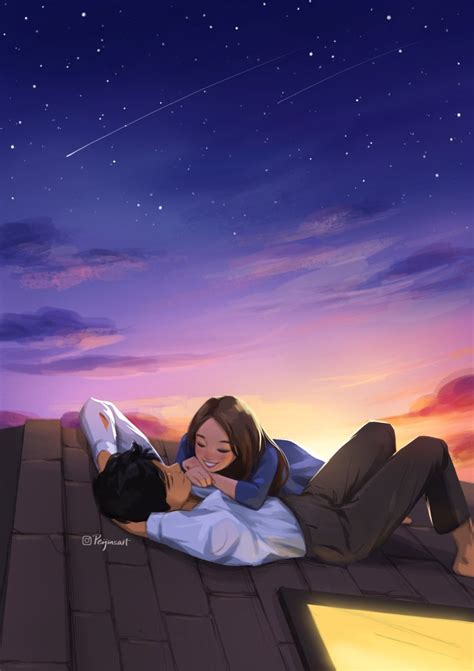 Dusk Art Print Couple Art Romantic Vibe Starry Night Sunset Cute Couple