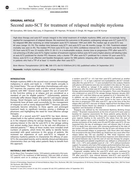 Pdf Second Auto Sct For Treatment Of Relapsed Multiple Myeloma