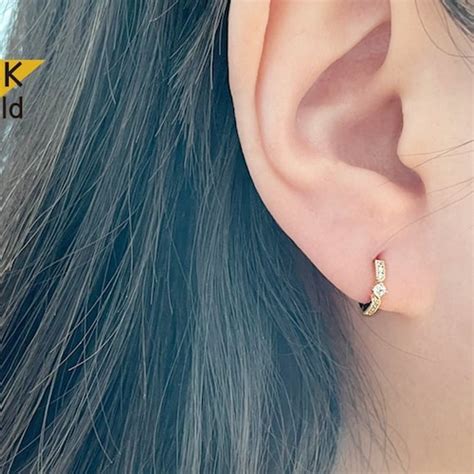 14k Solid Gold Tiny Cz Hoop Earring Single Tge4014 Etsy