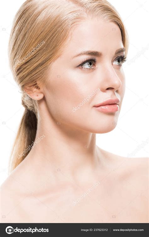 Beautiful Naked Blonde Girl Long Hair Looking Away Isolated White Stock Photo By Allaserebrina