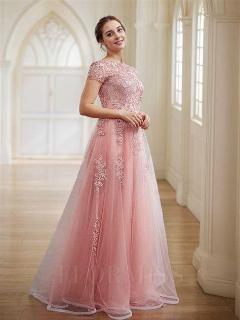 A Line Princess Tulle Applique Bateau Short Sleeves Floor Length