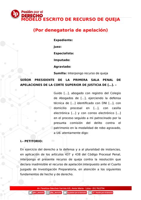 Modelo Recurso De Queja Penal Modelo Escrito De Recurso De Queja Por