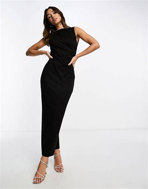 Asos Design Slash Neck Ponte Midi Dress With Ruched Side Detail In