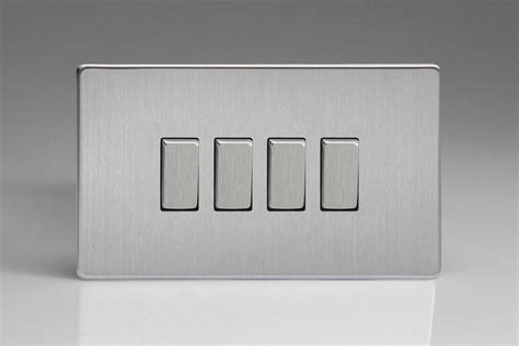 Varilight Flat Plate Screwless Brushed Steel 4 Gang 10a 1 Or 2 Way Rocker Switch Twin Plate