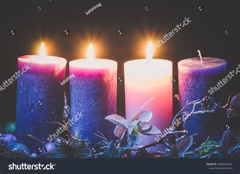 Pink Purple Candles Advent Wreath Decoration Stock Photo