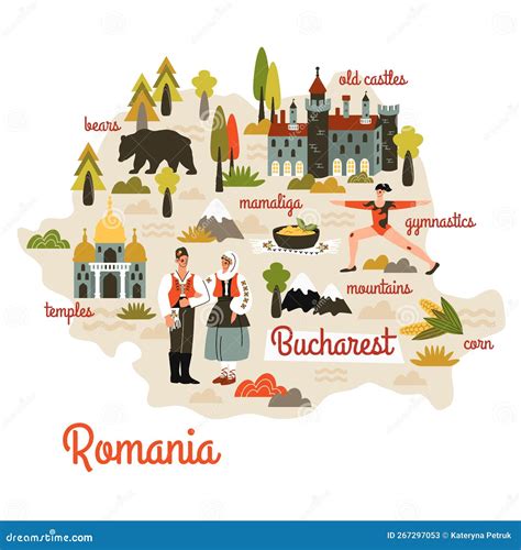 Romania Map Hand Drawn In Cartoon Style. People In National Dress, Animal, Tourist Attractions ...