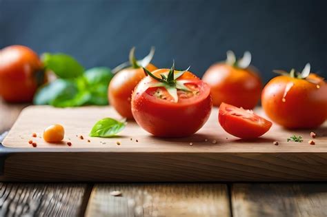 Tomates En Una Tabla De Cortar De Madera Con Hojas Verdes Y Una Rodaja