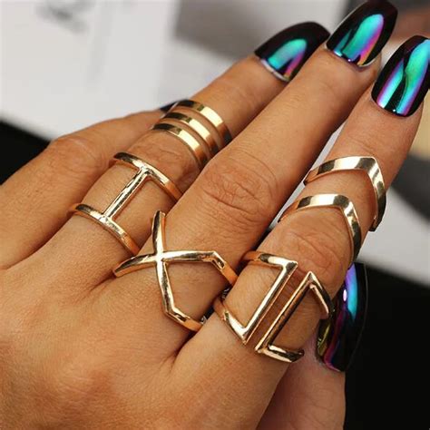 5Pcs Set Bohemian Geometric Round Oval Alloy Rings Set Women Fashion