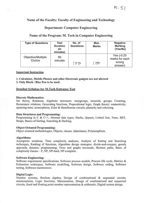 JMI Entrance Exam M51 M Tech Computer Engg Syllabus IndCareer Docs