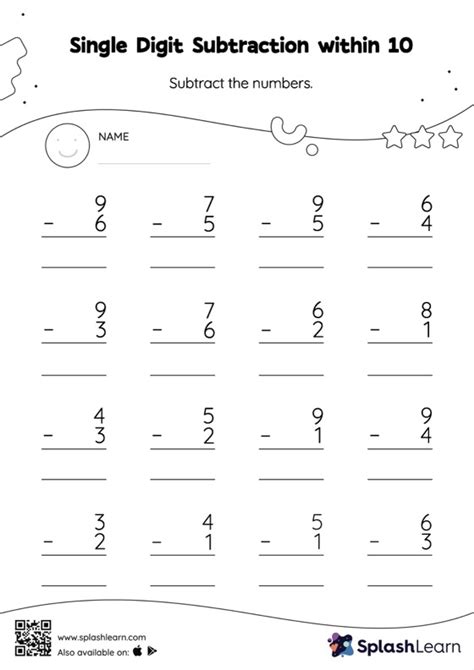 Single Digit Subtraction Within 10 Vertical Subtraction Worksheet