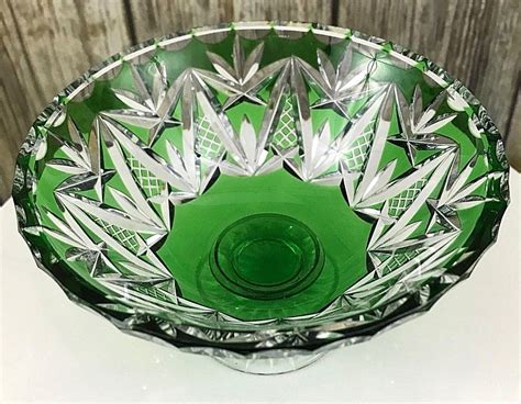 Antique Vintage Emerald Green Crystal Cut To Clear Pedestal Bowl Other Bohemian Czech Art Glass