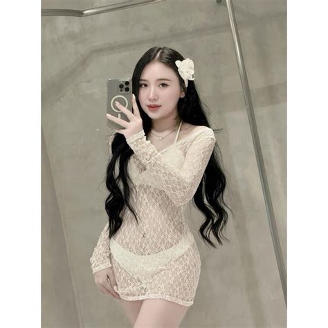 Sét Bikini Món kèm Đầm Ren Xuyên Thấu Nữ Sexy Quyến Rủ Đi Biển Du Lịch Chất Thun Ren Loại