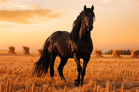 Premium AI Image | Black graceful horse on the field at sunset Portrait ...