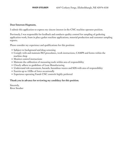 Cnc Machine Operator Cover Letter Velvet Jobs