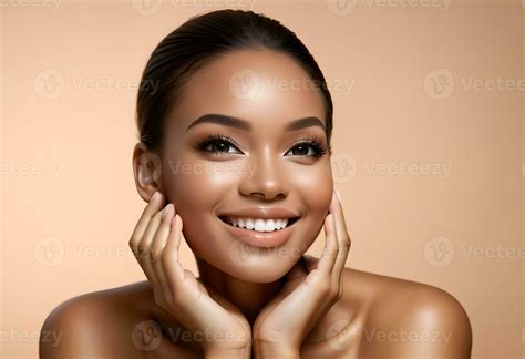 AI Generated Beauty Face Smiling Black Woman Touching Healthy Skin