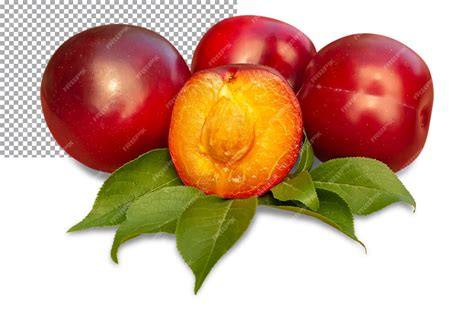 Premium Psd Several Ripe Whole Plums Plum Halves And Green Leaves