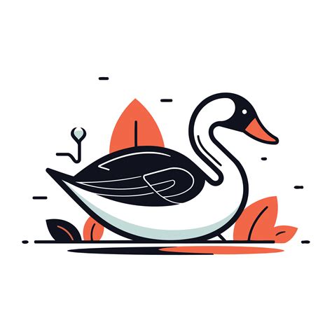 Vector illustration of a swan swimming in the lake. Line art style ...