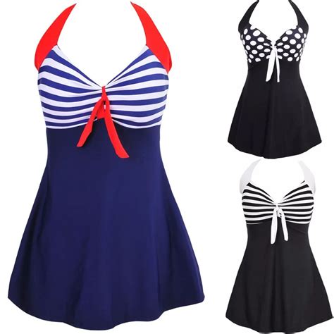 Buy Sexy Plus Size Stripe Padded Halter Skirt Swimwear Women One Piece