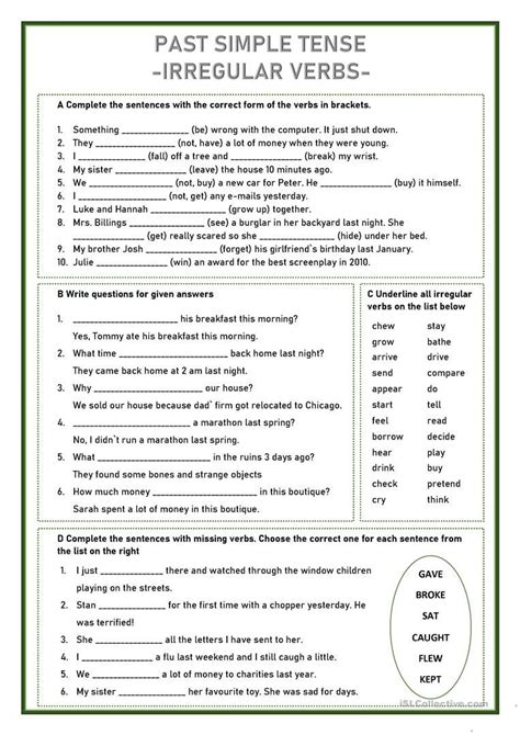 Past Simple Tense Irregular Verbs English ESL Worksheets For