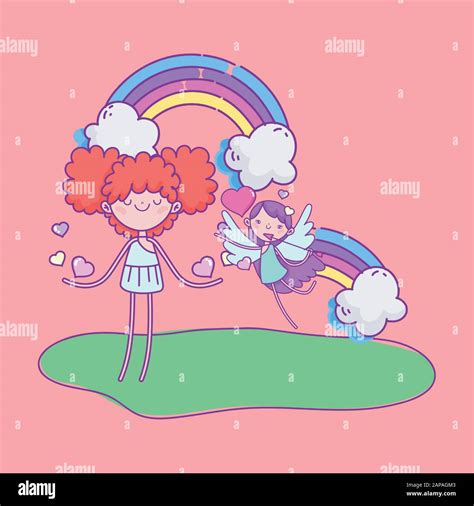 Happy Valentines Day Funny Cupids Girls Rainbow Clouds Hearts Love