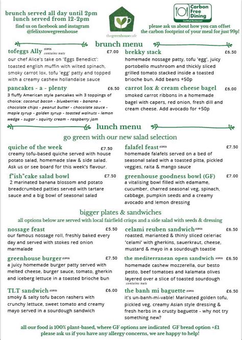 Menu | The Greenhouse Cafe | Felixstowe