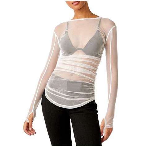 Womens Sexy Mesh See Through T Shirt Sheer Long Sleeved Neck Crop Top