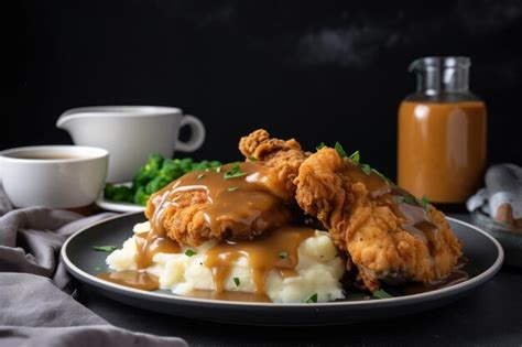 Premium Photo Plate Of Fried Chicken And Mashed Potatoes With Gravy Created With Generative Ai