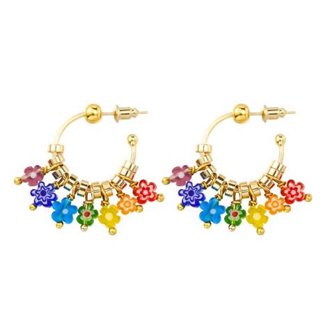 Playful Multicolored Flower Beaded C Hoop Earrings Ttt Jewelry