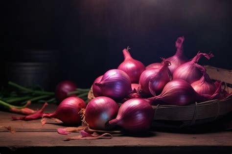 Premium Ai Image Red Fresh Onions On Wooden Table Generative Ai