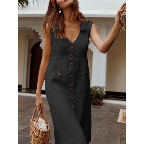 Vestido Cecília Midi Decote V Com Gola Botões E Bolsos Frontais