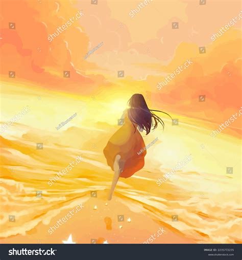 Anime Girl Running Into Sea Where Stock Illustration 2235772235