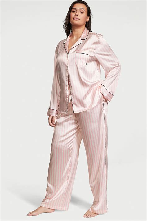 Victorias Secret Pretty Blossom Iconic Stripe Pink Satin Long Pyjama Set Victorias Secret