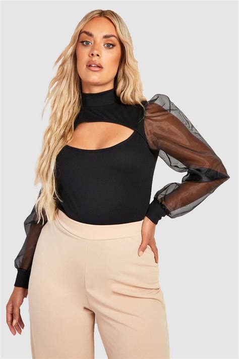 Plus Rib Keyhole Mesh Sleeve Top Boohoo