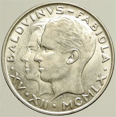 1960 BELGIUM KING Baudouin I Marriage Queen Fabiola Silver 50 Franc