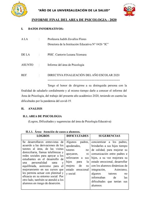 Informe Final De Psicologia Informe Final Del Area De Psicologia