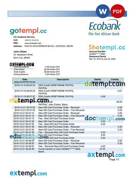 Doctempl - Beninois Ecobank proof of address bank statement 3 – 6 months example in Word and PDF