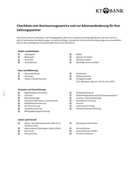 Fillable Online Kt Bank Checkliste Zum Kontoumzugsservice Und Zur