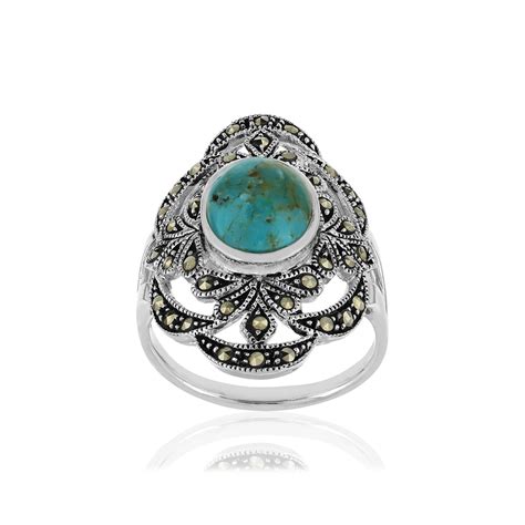 Bague Argent Turquoise Reconstitu E Marcassite Maty