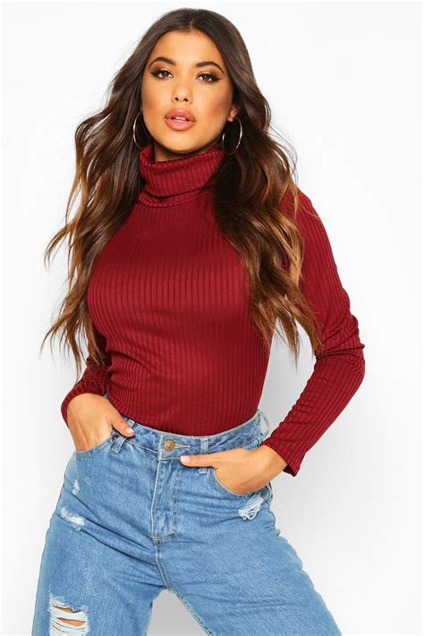 Berry Jumbo Rib Roll Neck Bodysuit Boohoo Uk