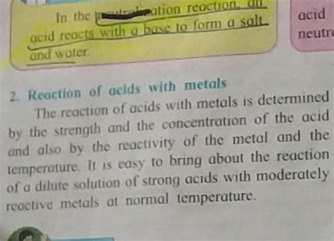 acid reacts with a base to form a salt acid and water. 2. Reaction of acl..