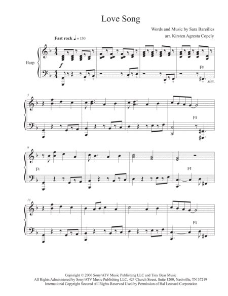 Love Song Arr Kirsten Agresta Copely Sheet Music Sara Bareilles Harp