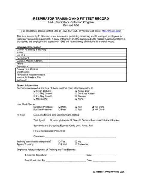 Respirator Training And Fit Test Record Ehs Rpp 03