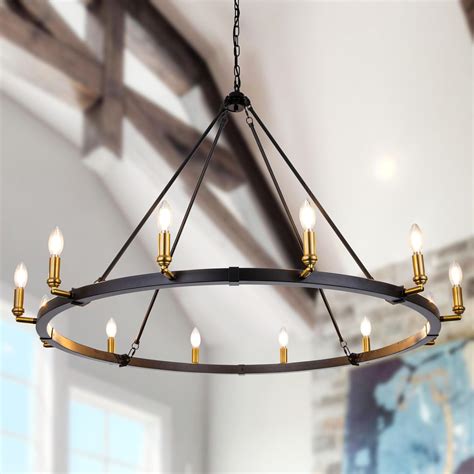 TOCHIC 12 Light Black Gold Wagon Wheel Chandelier 48 Inch Modern